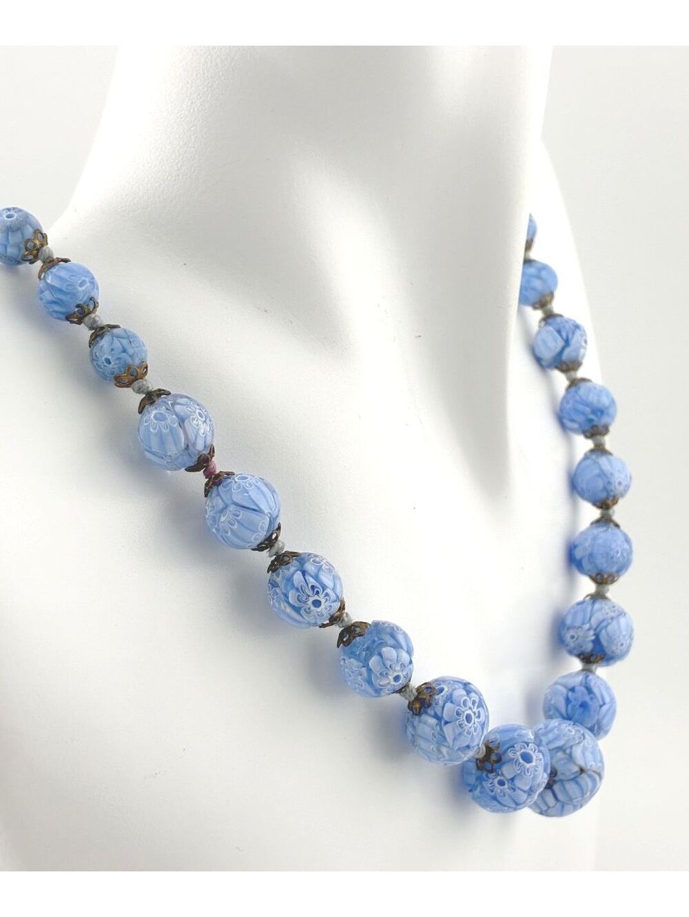 Vintage Blue Millefiori Venetian Textured Graduated Glass Bead 24" Necklace - Picture 4 of 12